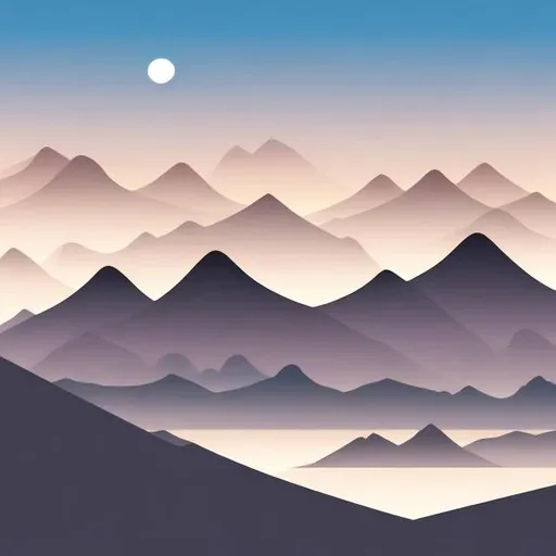 Prompt: Two mountains side by side in silhouette in background, with silhouette of one bare tree off-Center in immediate foreground, sharp edges, at dawn, vector  style 
