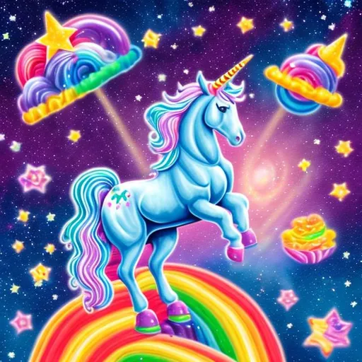Prompt: lisa frank unicorns shooting star , outer space candy land 4k hd 
