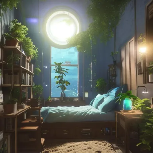 Prompt: Small Solarpunk bedroom with a console like tardis