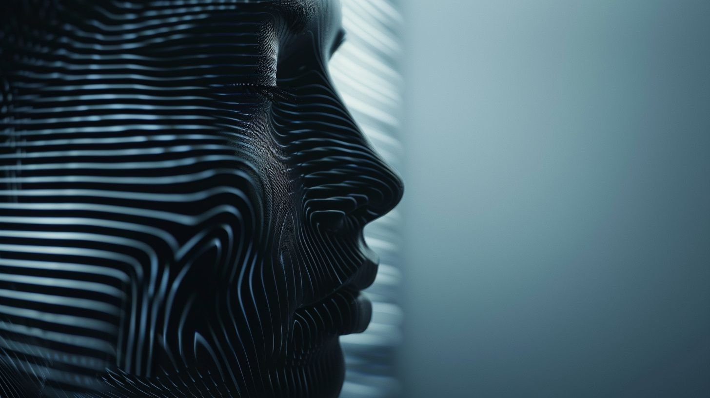 Prompt: person, face with lines, hologram, unsplash, abstract, light through blinds, profile image, the ghosts in the machine, three-dimensional, op, brain, high resolution, shadowed, light silver and dark navy, mind-bending patterns, futuristic robots