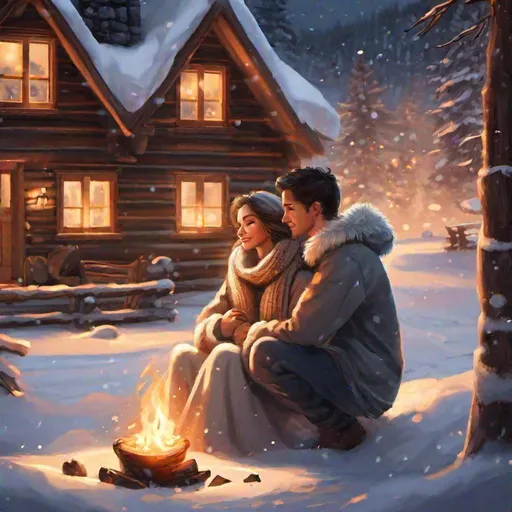 Prompt: there's nothing in this world that can express how much i love you, glow, love, hearts, boy and girl couple inside a log cabin snuggled up together in front of a log fire trying to keep warm, wrapped in blankets with hot coco besides them, white, silvery snow outside 