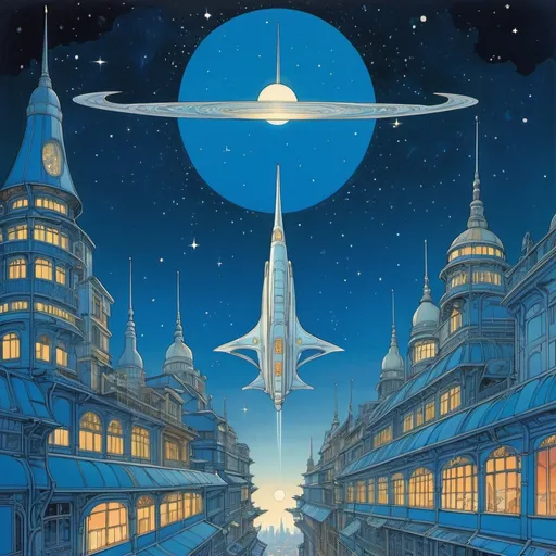 Prompt: A blue city at starlit night, art nouveau, cel shaded illustration, with starship in the sky, manga, Moebius