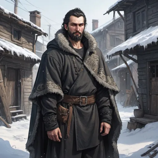 Prompt: Full body, Fantasy illustration of a male russian, brigand, arrogant expression, traditional garment, cloak, black hair and beard, high quality, rpg-fantasy, detailed, snow covered slums background