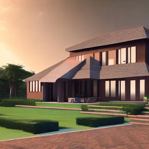 Prompt: modern design of beautiful detailed family brick house with a roof and intricate and artistic congolese rare minerals details with elements of precolonial Congolese inspiration kinshasa, volumetric natural light, cinematic light, ultra realistic, vray, far view, perspective landscape