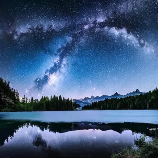 Prompt: create image of night sky and lake and moon in the water
