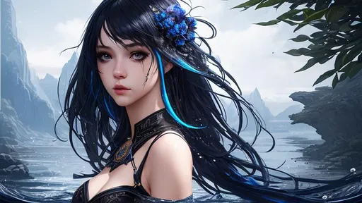 Prompt: Splash art, girl in the image,watermark, perfect composition, hyperrealistic, super detailed, 8k, sharp focus, studio photo, intricate details, highly detailed,shy, , blue line in black hairs,low quality,low res,, out of frame, glamorous colorful detailed scenic view