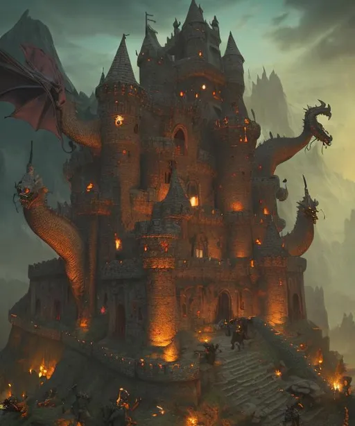 Prompt: a castle with anthropomorphic dragon warriors guarding it. skulls on sticks, skulls on pikes, kobolds, dragon people, anthropomorphic dragons, dragons, kher keep, kobold warriors, medieval fort, ancient ruins, muted colors, Victorian, gothic, dark, Masterpiece,  photo quality,  cinematic light, ((depth of field)), fractal isometrics details, trending on artstation Isometric Centered hyperrealist cover photo awesome full color, gritty, glowing shadows, high quality, high detail, high definition, dark fantasy