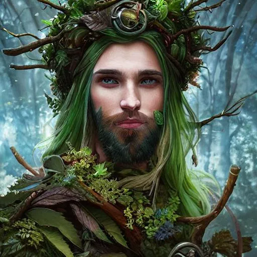 Prompt: Portrait of a 28 year old male leaf druid with green hair and with cute face, fantasy background, perfect composition, hyperrealistic, full shot, super detailed, 8k, high quality, trending art, trending on artstation, sharp focus, studio photo, intricate details, highly detailed, by greg rutkowski 