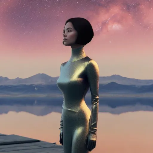 A woman standing in front of a lake in mars bidding... | OpenArt