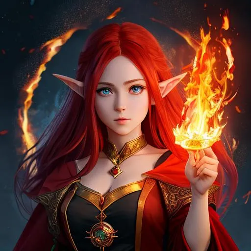 Prompt: "Full body, oil painting, fantasy, anime portrait of a young hobbit woman with flowing fiery red hair and dark blue eyes, short elf ears | Elemental fire sorceress wearing intricate fiery red wizard robes casting a flame spell, #3238, UHD, hd , 8k eyes, detailed face, big anime dreamy eyes, 8k eyes, intricate details, insanely detailed, masterpiece, cinematic lighting, 8k, complementary colors, golden ratio, octane render, volumetric lighting, unreal 5, artwork, concept art, cover, top model, light on hair colorful glamourous hyperdetailed medieval city background, intricate hyperdetailed breathtaking colorful glamorous scenic view landscape, ultra-fine details, hyper-focused, deep colors, dramatic lighting, ambient lighting god rays, flowers, garden | by sakimi chan, artgerm, wlop, pixiv, tumblr, instagram, deviantart