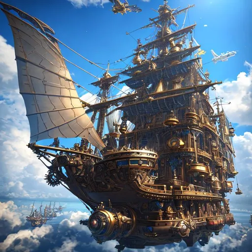 Prompt: stunning eyes gigantic detailed steampunk flying shiptower with giant propellers and metal wings on the cloud sky, fantasy world, blue sky, cloudy, sunshine, windy, hyper detailed, super detailed, hyper realistic, hdr, sharp focus, unreal engine 5, volumetric lighting Daz3D 128k, 8k, inspired by wlop