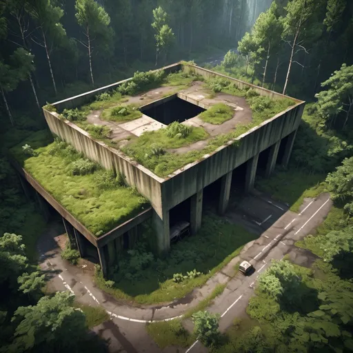 Prompt: Post-apocalyptic, abandoned bunker in forest, overgrown road, The Last of Us style, highres, detailed, video game style, desolate, mossy, apocalyptic, post-apocalyptic, detailed environment, atmospheric lighting, gritty, abandoned, professional rendering, seen from distance and above