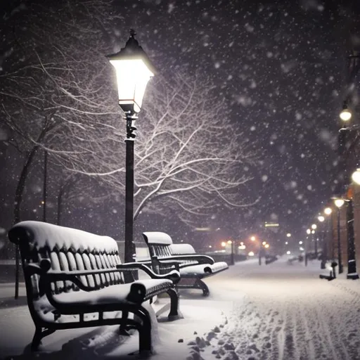 Prompt: Bench on side street lamp and snowing
