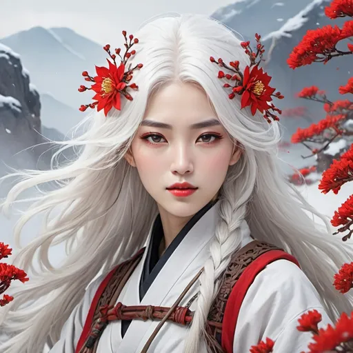 Prompt: White hair woman warrior, young and beautiful . The background should include snow and red flowers. The overall style should look like Korean manhua with European influence 