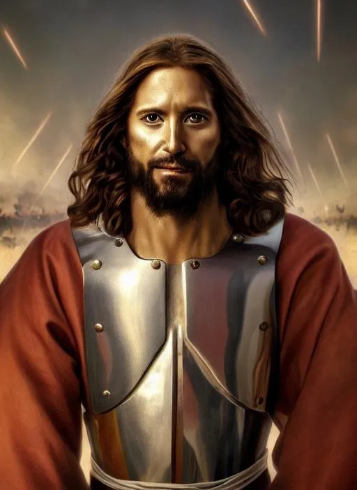 Prompt: Portrait of {Jesus Christ followed by his army of samurai saints marching towards Satan's cyberpunk ninjas battle} with {color} hair and with glorious face, full body armor, swords and divine power {background}, perfect composition, hyperrealistic, super detailed, 8k, high quality, trending art, trending on artstation, sharp focus, studio photo, intricate details, highly detailed, by greg rutkowski