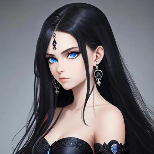 Prompt: An insanely beautiful girl around 16 years old. wearing black skull earrings. holding a sharp dagger in one hand. perfect anatomy, symmetrically perfect face. beautiful deep blue eyes. beautiful long black wavy hair. no extra limbs or hands or fingers or legs or arms. full body view.