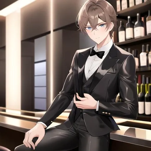 Prompt: Alex 1male. Short light brown hair. Soft and mesmerizing light grey eyes. Wearing a sleek black button-up shirt, paired with tailored black pants and shiny leather shoes. He completes the look with a stylish black vest and a classic black bow tie. UHD, 8K, standing behind a bar counter, blushing