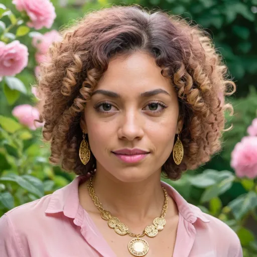 Prompt:  a woman wear a pink blouse, have mixed skin, have short and curly hair, have a gold necklace, and she is in a garden.