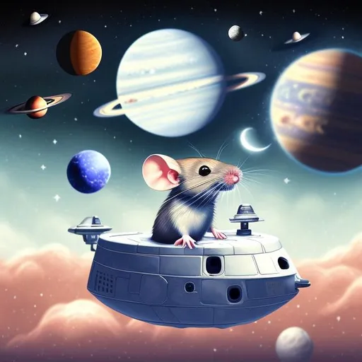 Prompt: mouse rodent in starry space with moon planets ufo ship