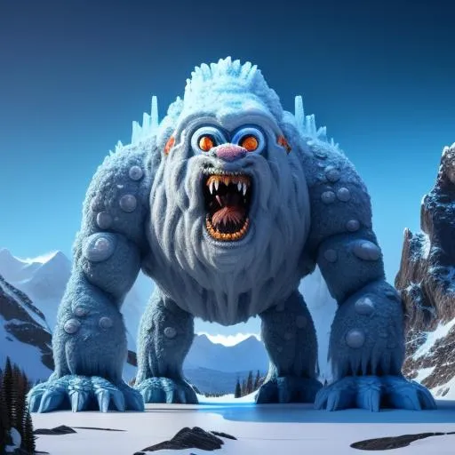 Prompt: the abominable snow monster --no trending on artstation --no stylize --goofy, ray tracing light pillars, highly detailed, symmetrical, mountainous background, stop motion, 