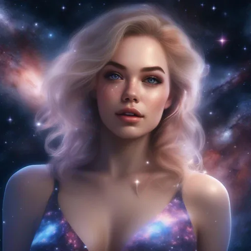 Prompt: A beautiful, hyper realistic,  hyper detailed perfect face, A beautiful, hyper realistic,  hyper detailed perfect body, buxom woman, whole body image, falling through space, galaxies, nebulas and stars