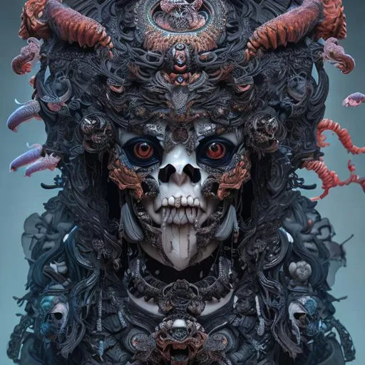 Prompt: "3 d goddess of death close - up profile portrait with ram skull. beautiful intricately detailed japanese crow kitsune mask and clasical japanese kimono. betta fish, jellyfish phoenix, bio luminescent, plasma, ice, water, wind, creature, artwork by tooth wu and wlop and beeple and greg rutkowski"