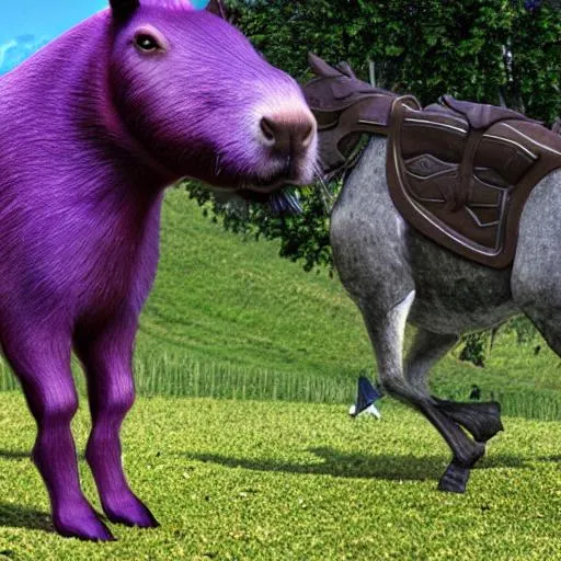 Prompt: A purple capybara riding a horse realisic 3d