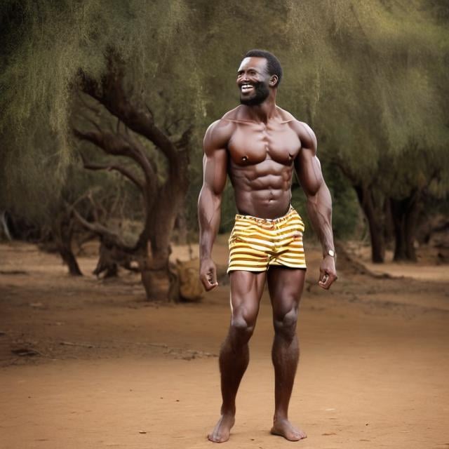 African man 7.5 foot tall, solid muscular build. Han