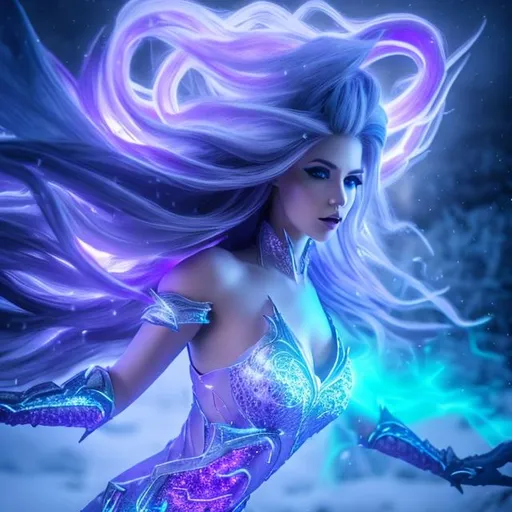 Prompt: Octane render, Hyper realistic, ultradetailed, full body View, DND Stormsoul Sylph, female, shimmering purple eyes, Long flowing grey hair, skin like porcelain, water dress, summoning white lightning bolts with her hands, standing in a foggy and snowy landscape, a tiara crafted from ice bolts on her head, night, bright blue abstract tattoos 