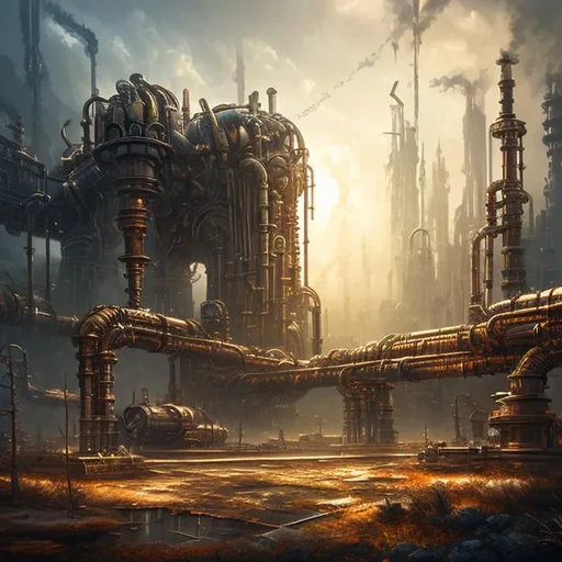 Prompt: Fantasy art style, painting, metal, chrome, Evil, redwood tree, biological mechanical, dystopian, war machine, pipes, robot, cityscape 