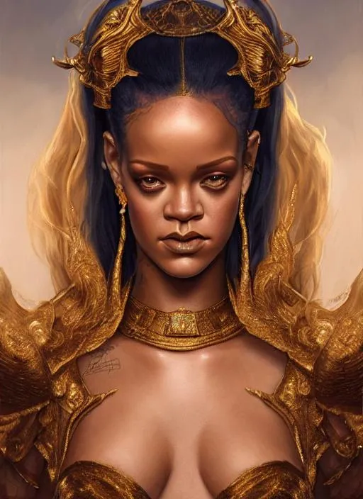 Prompt: Portrait of Rihanna as God with gold hair, full body,  and with cute face, near heaven, perfect composition, hyperrealistic, super detailed, 8k, high quality, trending art, trending on artstation, sharp focus, studio photo, symmetrical, intricate details, highly detailed, by greg rutkowski