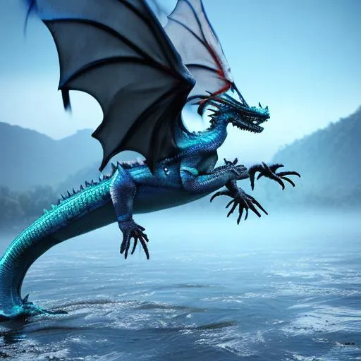 Prompt: flying water dragon, blue armor scales, mysterious fog lake background, hyper realistic, full body, chinese style, dragon head full of blue crystal scales and sharp horns