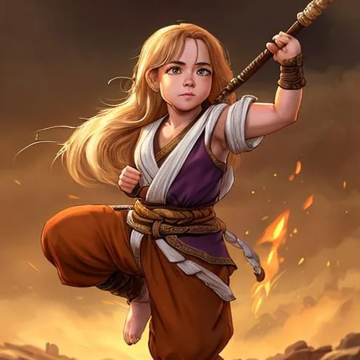 Prompt: halfling, monk aesthetic,no extra limbs, no extra fingers, female, fantasy, long hair, portrait for game, full body, fighting pose