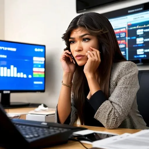 Prompt: wide shot of zendaya  bitcoin trader in front of computer during crash with sbf in television in background