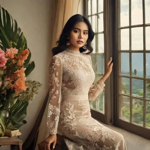 Prompt: RAW photo, pretty young Indonesian woman, 25 year old, (round face, almond-shaped brown eyes, small delicate nose, long wavy black hair), (long-sleeve high neck dress, mesh top, flower design), perfect hourglass figure,  dynamic pose, indoors by window, view of tropical mountains, masterpiece, intricate detail, photorealism, octane render, hyper-realistic, octane render, 16K, award-winning photograph, UHD, HDR