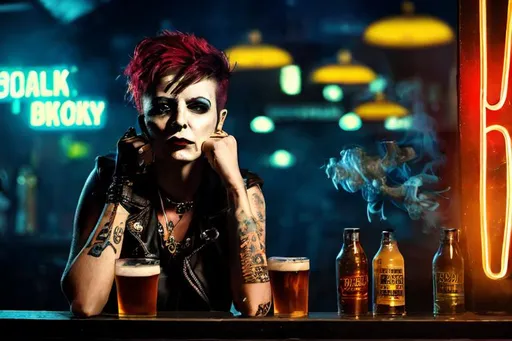 Prompt: medium-long shot, photo Portrait of a punk woman, exhausted, smoking, in a bar, light rays through smoke, neon sign, ashtray, pint glass,  realistic