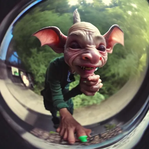 Prompt: Goblin smoking a blunt and counting his coming mischievously
Fish eye lense
