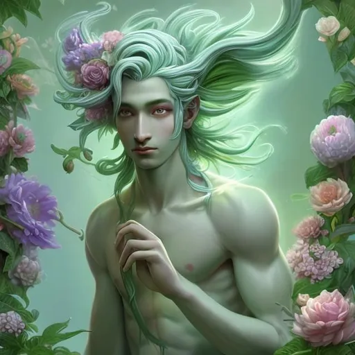 Prompt: digital art of a male nymph bard, pastel green skin with flowers growing, high detail, magical, pastel colors, high fantasy