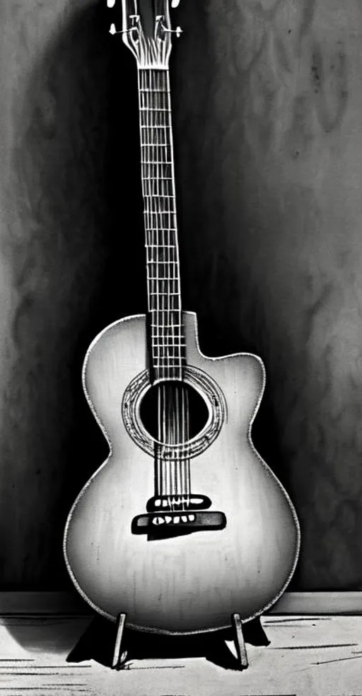 Prompt: guitar, vintage, dust bowl, western, grey scale, death, in charcoal style