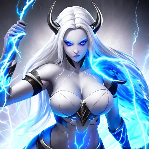 Prompt: Abyssal, female, while hair, buffed, storm bringer, beautiful, white, blue, hyper realistic, bright, beryllium, god-like figure, 