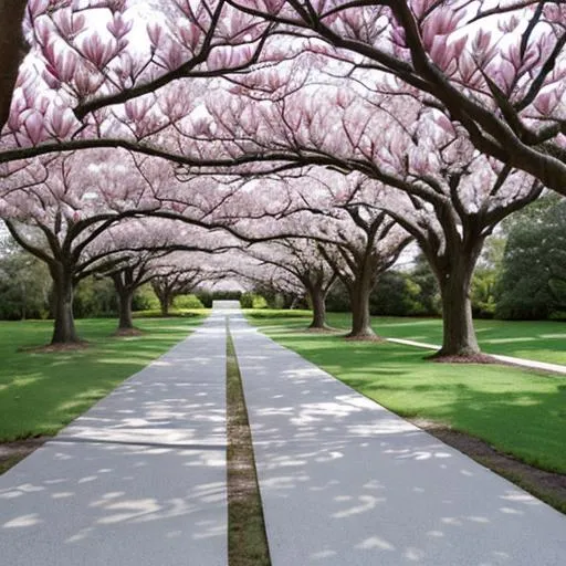 Prompt: long driveway lined with magnolia trees