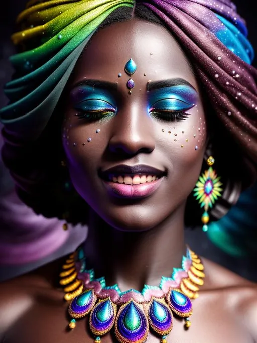 Prompt: Breathtakingly detailed digital art: a dark-skinned Rainbow Niobium Queen with symmetrical elegance and hypermaximalist style. Her closed eyes and perfect smile create a stunningly composed piece that showcases the exquisite anthracite marble patterns and detailed makeup. The incredibly soft silk influence, along with the potassium permanganate rain makeup, adds to the moody atmosphere, which is accentuated by the very soft lighting. This artwork, by Tom Blackwell, Royo, Thomas Kinkade, Artgerm, and Greg Rutkowski, is trending on Artstation due to its sharp focus, intricate details, and fine skin details. The digital rendering is isometric, featuring smog, pollution, toxic waste, chimneys, and railroads. The 3D render is brought to life with Octane Render and volumetrics, making this an incredibly realistic piece., centered, symmetry, painted, intricate, volumetric lighting, beautiful, rich deep colors masterpiece, sharp focus, ultra detailed, in the style of dan mumford and marc simonetti, astrophotography
