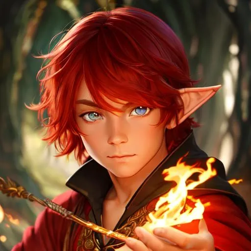 Prompt: oil painting, fantasy, hobbit boy, tanned-skinned-male, beautiful, bright red hair, straight hair, stoic, pointed ears, looking at the viewer, summoner wearing intricate robes and casting a fire spell, #3238, UHD, hd , 8k eyes, detailed face, big anime dreamy eyes, 8k eyes, intricate details, insanely detailed, masterpiece, cinematic lighting, 8k, complementary colors, golden ratio, octane render, volumetric lighting, unreal 5, artwork, concept art, cover, top model, light on hair colorful glamourous hyperdetailed medieval city background, intricate hyperdetailed breathtaking colorful glamorous scenic view landscape, ultra-fine details, hyper-focused, deep colors, dramatic lighting, ambient lighting god rays, flowers, garden | by sakimi chan, artgerm, wlop, pixiv, tumblr, instagram, deviantart