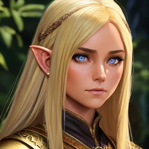 Prompt: oil painting, D&D fantasy, hobbit girl, tanned-skinned-female, beautiful, short bright dirty blonde hair, straight hair, stoic, pointed ears, looking at the viewer, adventurer wearing intricate leather amor, #3238, UHD, hd , 8k eyes, detailed face, big anime dreamy eyes, 8k eyes, intricate details, insanely detailed, masterpiece, cinematic lighting, 8k, complementary colors, golden ratio, octane render, volumetric lighting, unreal 5, artwork, concept art, cover, top model, light on hair colorful glamourous hyperdetailed medieval city background, intricate hyperdetailed breathtaking colorful glamorous scenic view landscape, ultra-fine details, hyper-focused, deep colors, dramatic lighting, ambient lighting god rays, flowers, garden | by sakimi chan, artgerm, wlop, pixiv, tumblr, instagram, deviantart