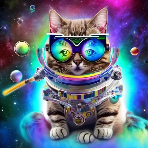 Prompt: cat with rainbow glasses sitting on astroid with a space suit and blue headphones