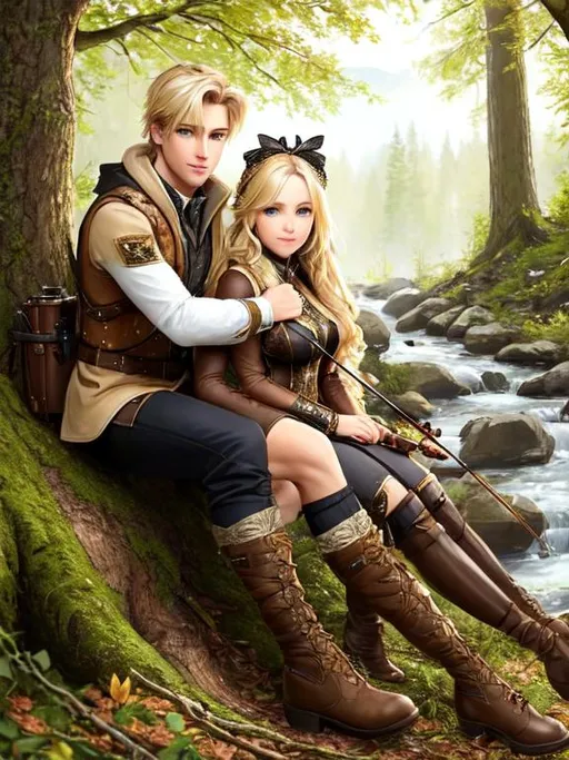 Prompt: hypermaximalist, fine details, vivid,blond hair, warm hazel eyes, handsome, sweet, cute, kind, in woods, hunting, bow, full body image, with huntress, anime, girl, sitting in tree, by stream, together, boy and girl hunting together