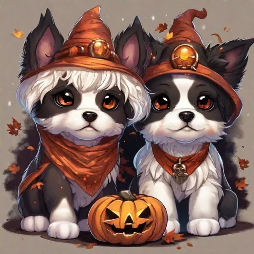 Prompt: two chibi fluffy puppies wearing cool Halloween costumes, one puppy is black and the other puppy is white, on a blood moon Halloween night, autumn forest colors, sparkling eyes, embers in eyes, shining eyes, sharp features, fireflies, highly detailed, digital painting, trending on Artstation, concept art, smooth, sharp focus, beautiful fur, expressive eyes, illustration, art by Artgerm and inspired by Greg Rutkowski and Alphonse Mucha