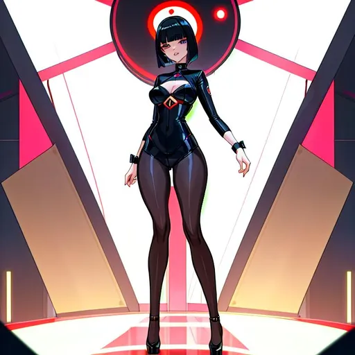 Prompt: a lonely AI girl, very tall, thick thighs, wide hips, huge glutes, long legs, arms, slender waist, big beautiful symmetrical eyes, intriguingly beautiful face, aloof expression, bob haircut with bangs, wearing Neo-BDSM fashion clothes, wearing Neo-BDSM fashion accessories, 36K resolution, hyper-professional, impossible quality, impossible resolution, impossible detail, hyper output