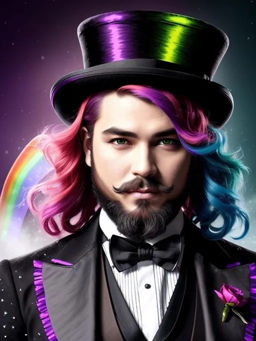 Prompt: Create an 8K resolution digital art portrait of the God of the Dark Rainbow, Aurora, with a young, pop, and elegant appearance. The portrait should be a head and shoulders view, showcasing him as a trickster and entertainer, wearing a black tux and top hat. The style should be fantasy magic with a stylish beard, hyper-detailed painting, and dynamic lighting that creates a clear and deep color effect. Use a triadic color scheme and add Unreal Engine 5 volumetric lighting to enhance the overall effect. The portrait should be created by Greg Rutkowski, Artgerm, WLOP, Alphonse Mucha, or one of the other artists known for creating intricate and highly detailed artwork. The environment should also be detailed and intricate, featuring global illumination, and rendered in Unreal Engine 5. The overall effect should be sharp and focused, with a studio photo feel, and trending on ArtStation.