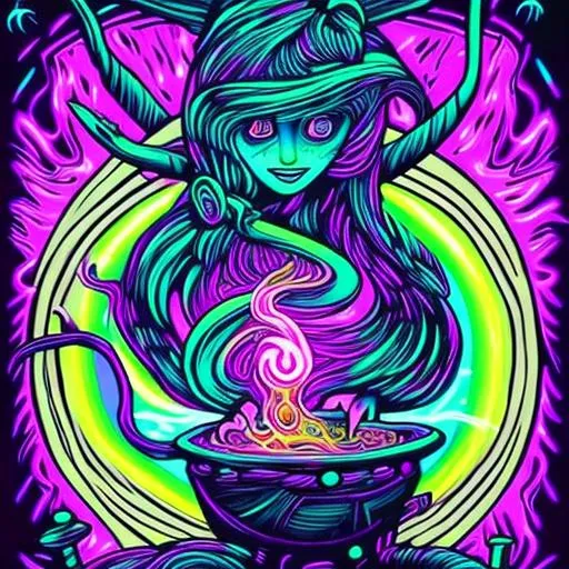 Prompt: Hypnotic illustration of {attractive witch and cauldron}, hypnotic psychedelic art by Dan Mumford and Lisa Frank, pop surrealism, dark glow neon paint, mystical, Behance